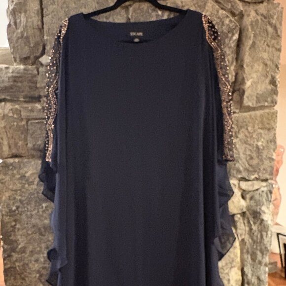 XSCAPE NAVY CHIFFON OVERLAY BEADED SLEEVE SHIFT DRESS CAPE DRESS SZ 14W - NWOT - Picture 5 of 14